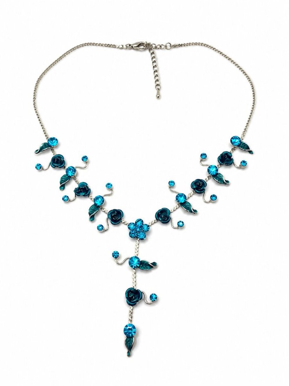 Christina Collection Teal Blue Floral Rhinestone Y-Necklace Statement Piece